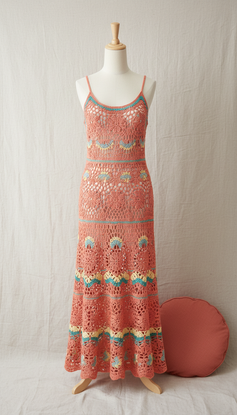 Robe longue crochet corail intense